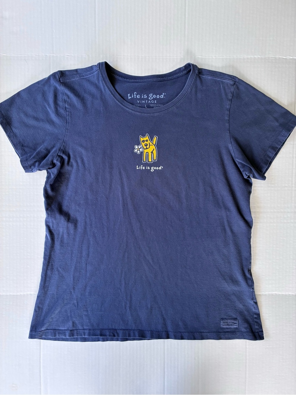 Life Is Good Women’s “Vintage” Short Sleeve T-Shirt Size Large Blue Dog Logo